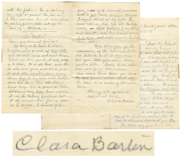 Intriguing Clara Barton Autograph Letter Signed -- ''...I am not well...it is not my body proper that has given way but the nerves & sleep...''
